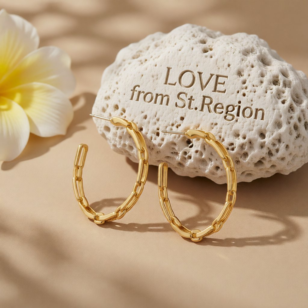 18K Gold-Plated Chain Hoop Earrings, gold hoop earrings for women, botanical inspired, lifestyle look