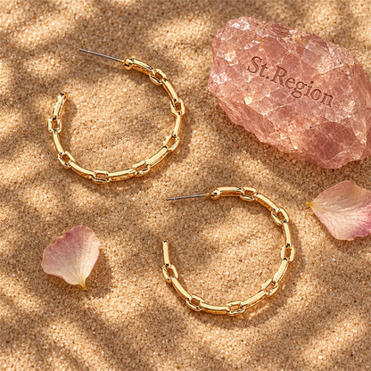 18K Gold-Plated Chain Hoop Earrings, gold hoop earrings for women, botanical inspired, detail close-up