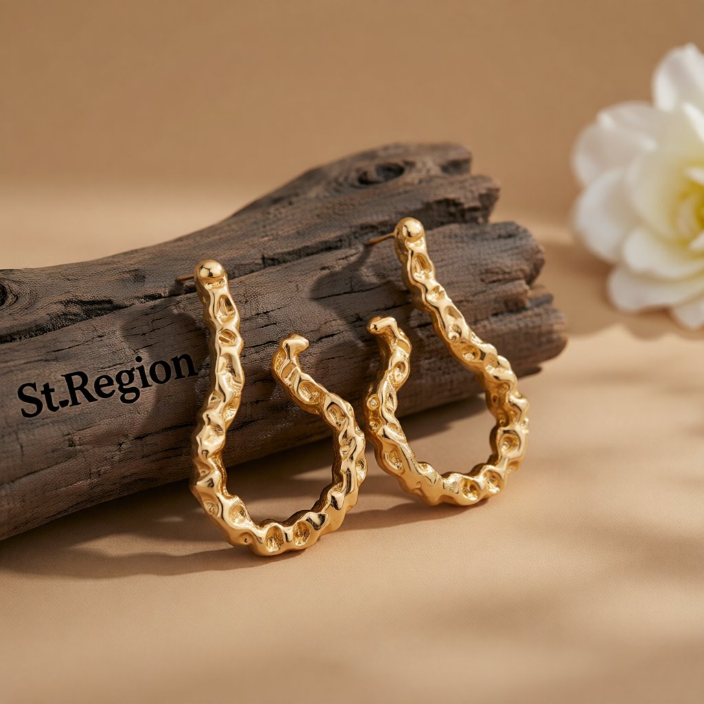 18K Gold-Plated Textured Free-Form Hoop Earrings, gold stud earrings for women, everyday style, front view
