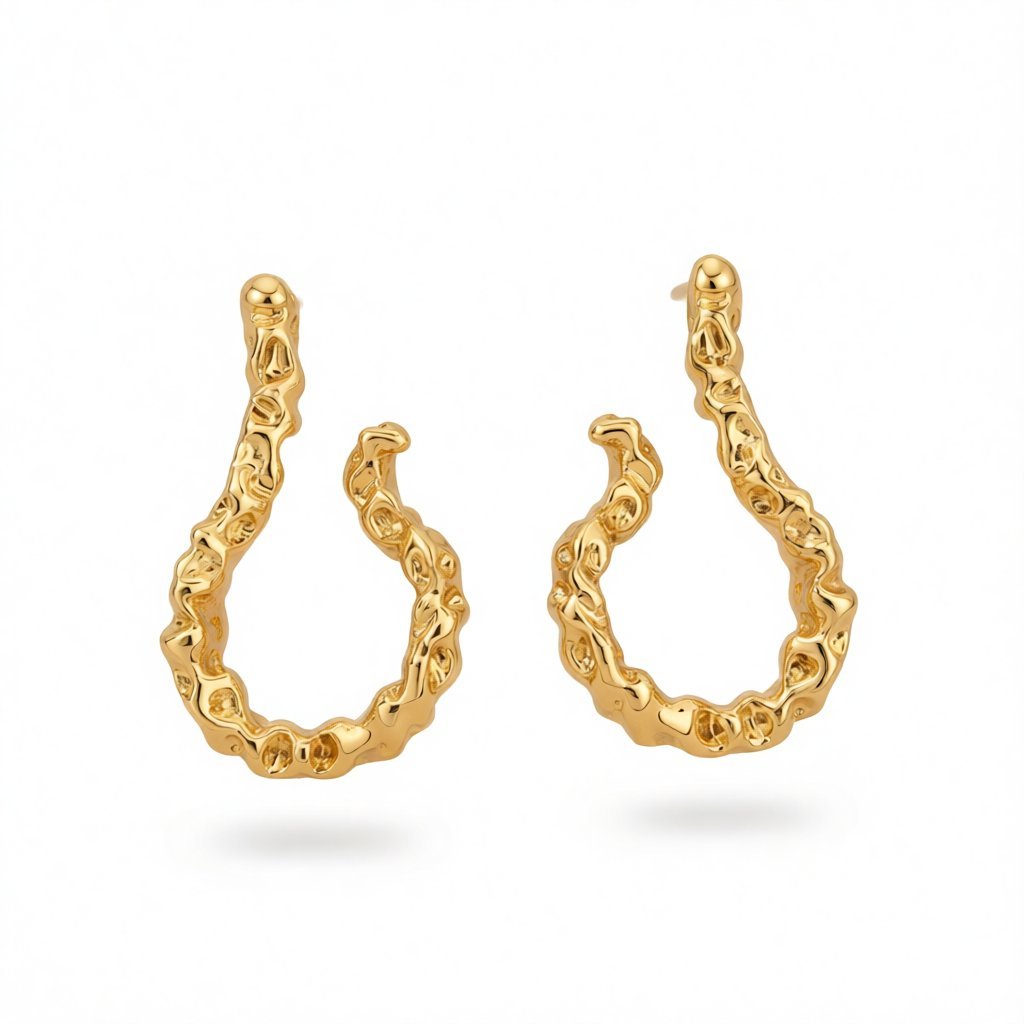 18K Gold-Plated Textured Free-Form Hoop Earrings, gold stud earrings for women, everyday style, side view
