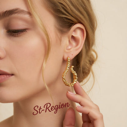 18K Gold-Plated Textured Free-Form Hoop Earrings, gold stud earrings for women, everyday style, styled look