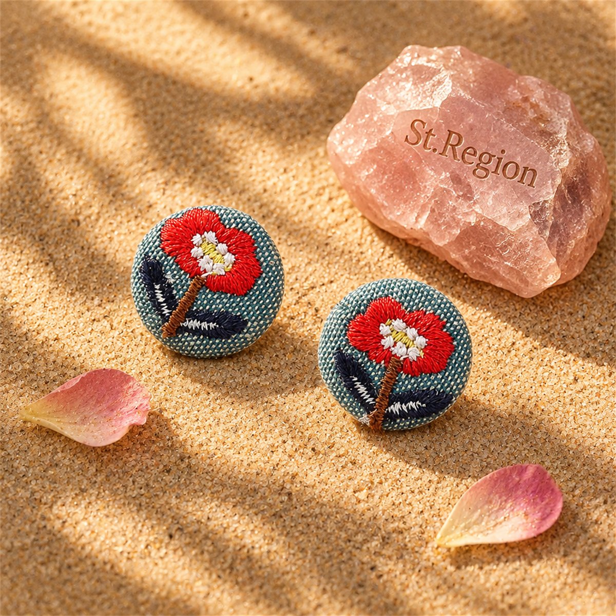 Silver-Plated and Red Floral Woven Stud Earrings, silver stud earrings for women, everyday style, detail close-up