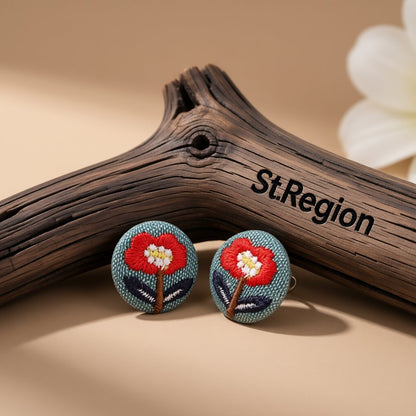 Silver-Plated and Red Floral Woven Stud Earrings, silver stud earrings for women, everyday style, front view