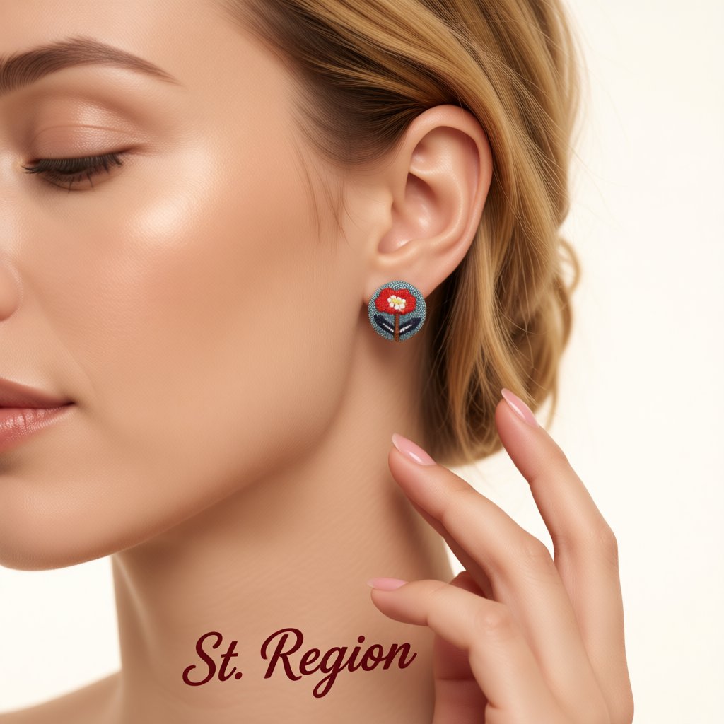 Silver-Plated and Red Floral Woven Stud Earrings, silver stud earrings for women, everyday style, styled look