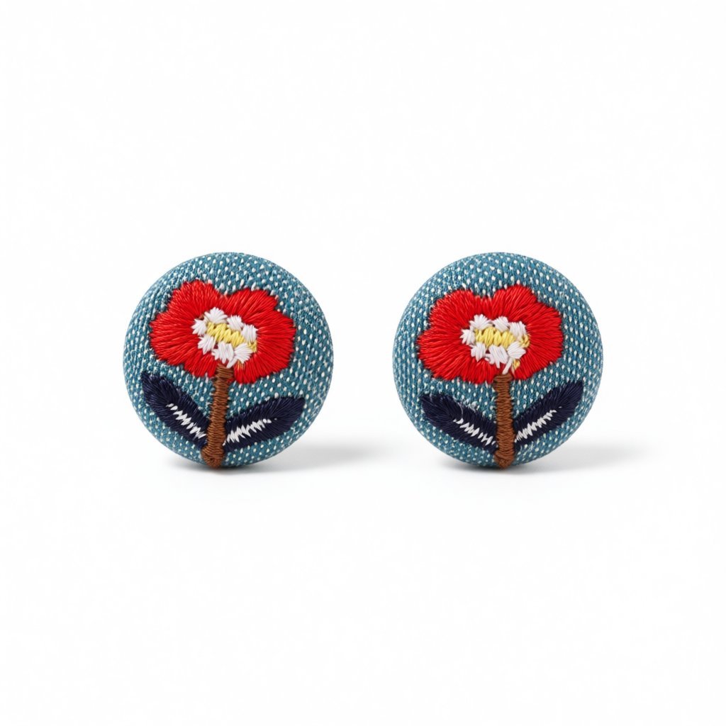 Silver-Plated and Red Floral Woven Stud Earrings, silver stud earrings for women, everyday style, side view