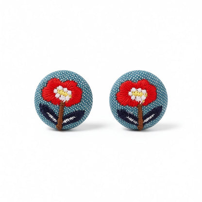 Silver-Plated and Red Floral Woven Stud Earrings, silver stud earrings for women, everyday style, side view