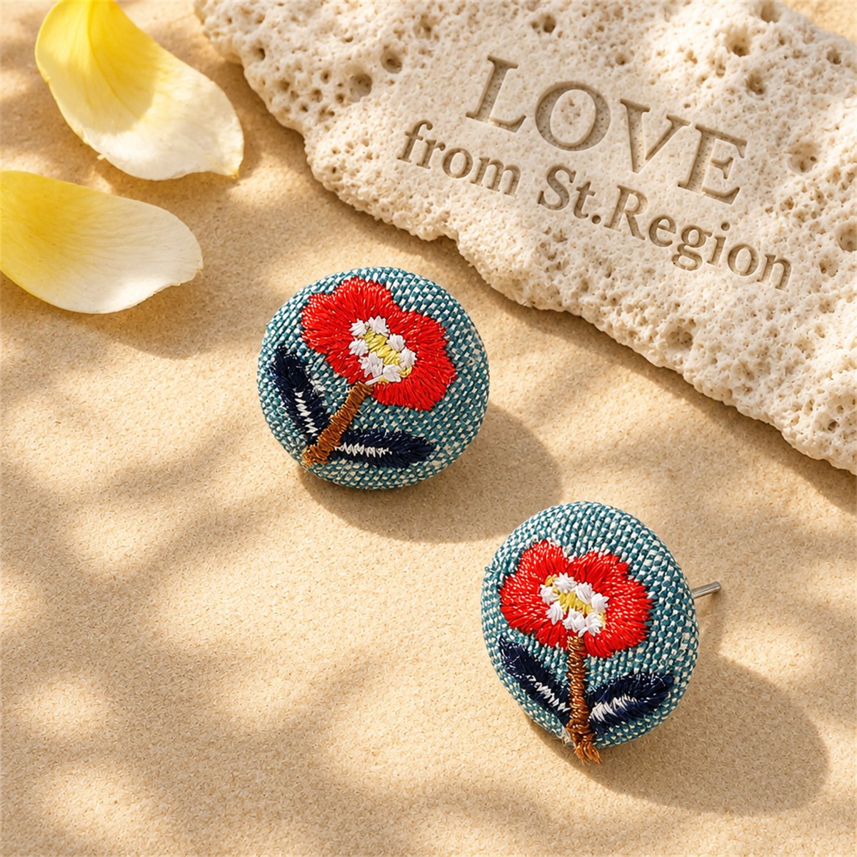 Silver-Plated and Red Floral Woven Stud Earrings, silver stud earrings for women, everyday style, lifestyle look