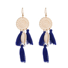 Navy Polyster & Shell 18K Gold-Plated Cowrie Tassel Openwork Drop Earrings