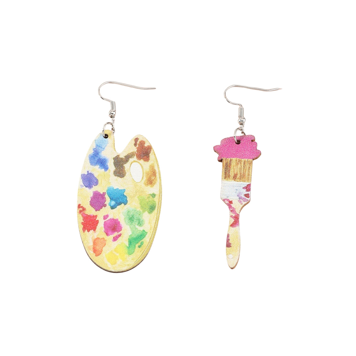Vibrant Wood Palette Brush Mismatched Drop Earrings, drop earrings for women, vintage-inspired design, lifestyle look