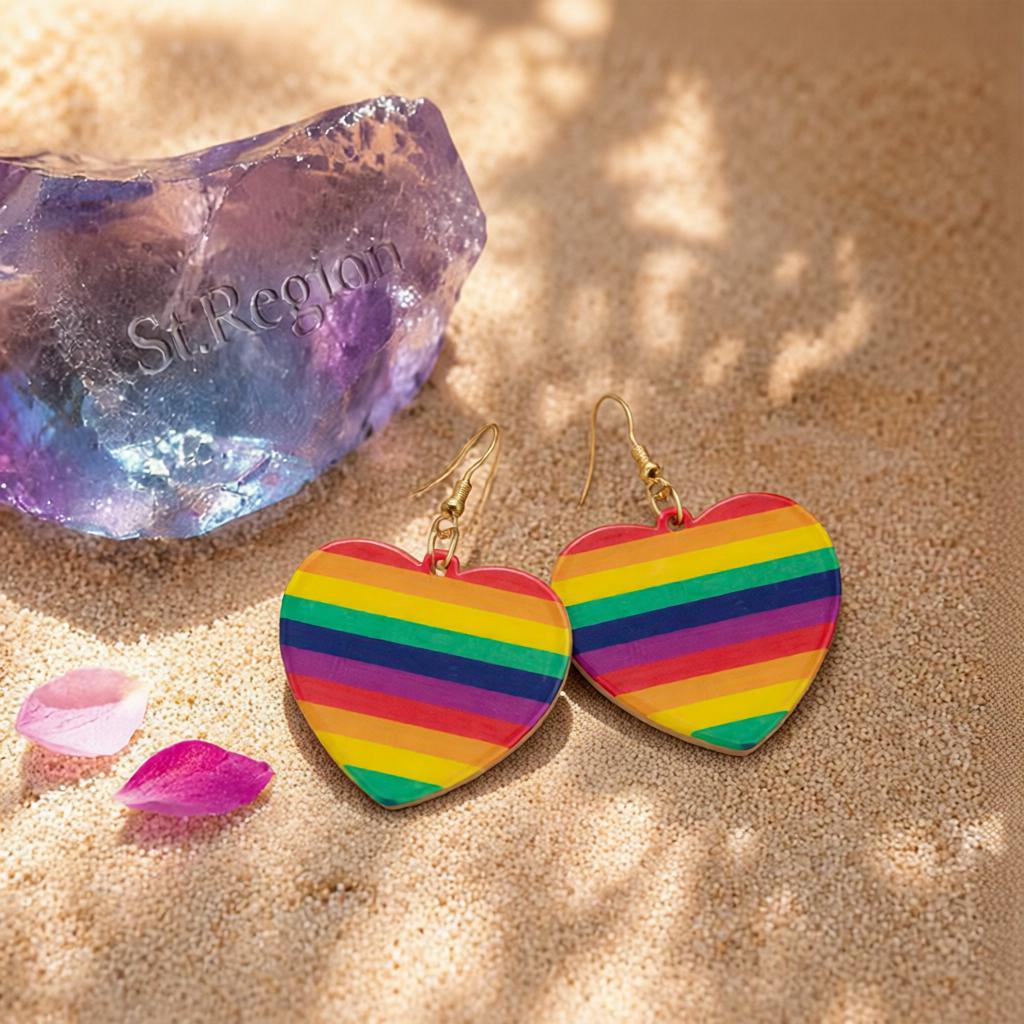 Acrylic and 18K Gold-Plated Rainbow Heart Drop Earrings, gold drop earrings for women, botanical inspired, detail close-up