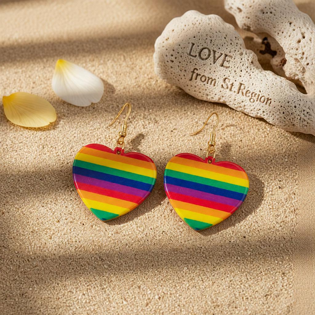 Acrylic and 18K Gold-Plated Rainbow Heart Drop Earrings, gold drop earrings for women, botanical inspired, lifestyle look