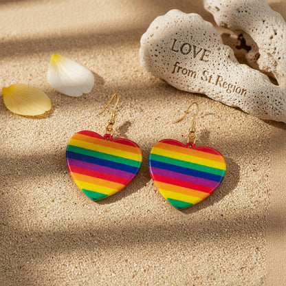 Acrylic and 18K Gold-Plated Rainbow Heart Drop Earrings, gold drop earrings for women, botanical inspired, lifestyle look