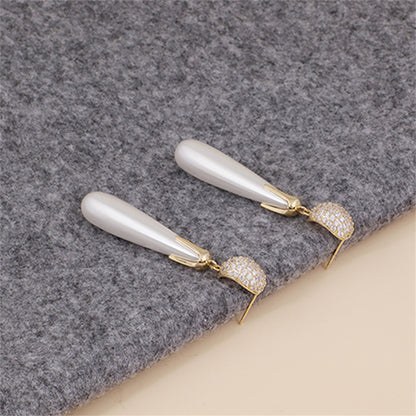 Cubic Zirconia and Pearl 18K Gold-Plated Drop Earrings, gold drop earrings for women, detail close-up