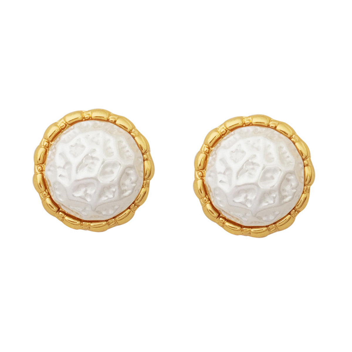 Iridescent Pearl and 18K Gold-Plated Hammered Round Stud Earrings, gold stud earrings for women, everyday style, front view
