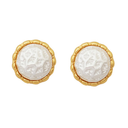 Iridescent Pearl and 18K Gold-Plated Hammered Round Stud Earrings, gold stud earrings for women, everyday style, front view
