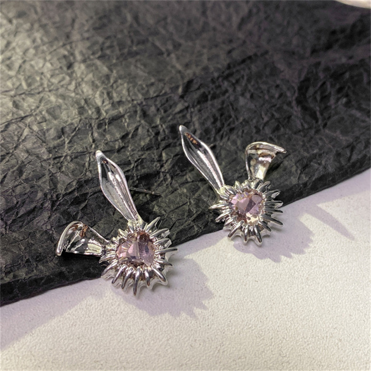 Crystal & Silver-Plated Heart Rabbit Stud Earrings