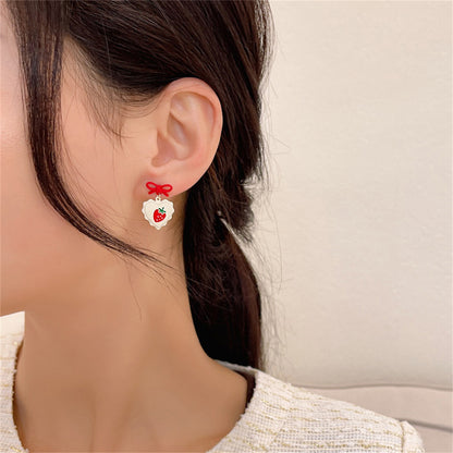 Red Enamel and 18K Gold-Plated Bow Strawberry Drop Earrings, gold drop earrings for women, botanical inspired, lifestyle look