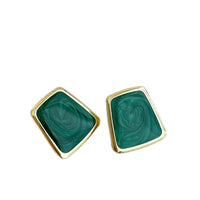 Green Enamel & 18k Gold-Plated Marbled Bezel Geometric Stud Earring