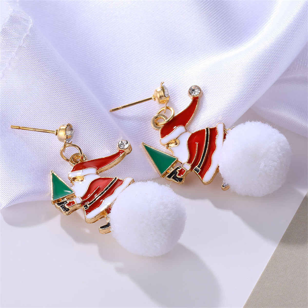 Cubic Zirconia and Red Santa Tree Pom-Pom Drop Earrings, drop earrings for women, botanical inspired, front view