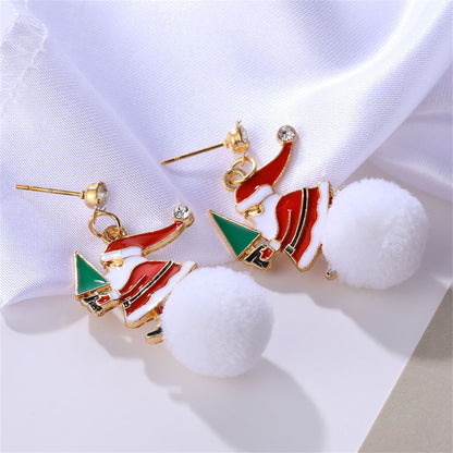 Cubic Zirconia and Red Santa Tree Pom-Pom Drop Earrings, drop earrings for women, botanical inspired, front view