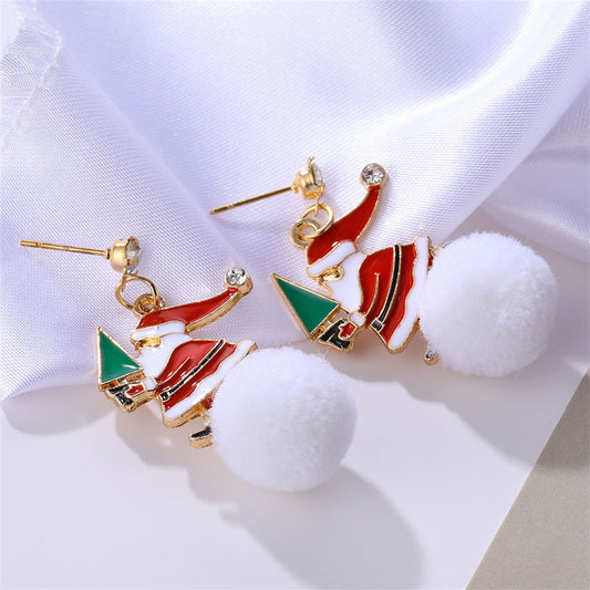 Cubic Zirconia and Red Santa Tree Pom-Pom Drop Earrings, drop earrings for women, botanical inspired, front view