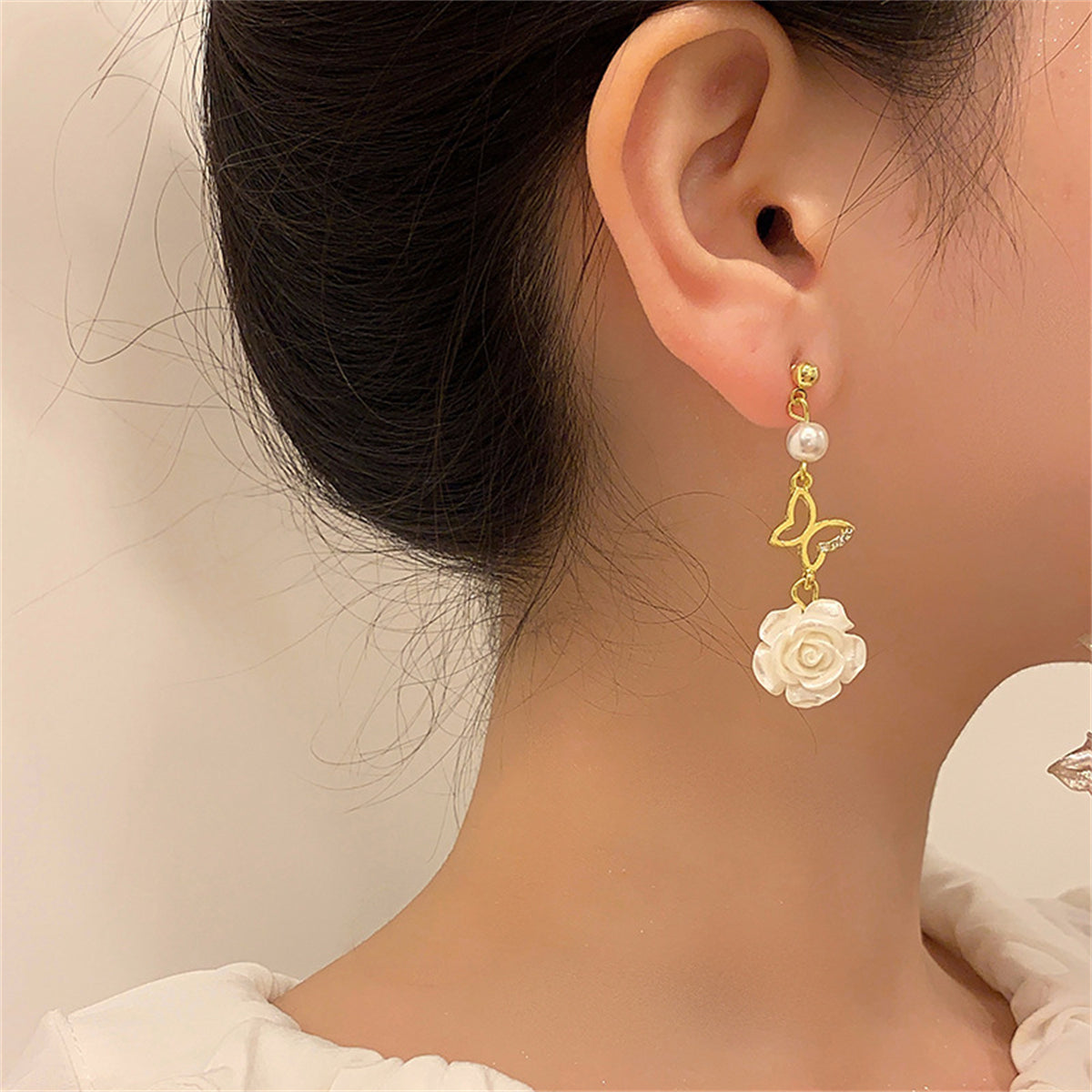 Pearl & Resin 18K Gold-Plated Rose Butterfly Drop Earrings