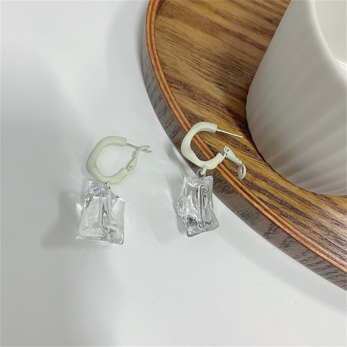 Clear Resin and Enamel and Silver-Plated Ice Cube Drop Earrings, silver drop earrings for women, lifestyle look