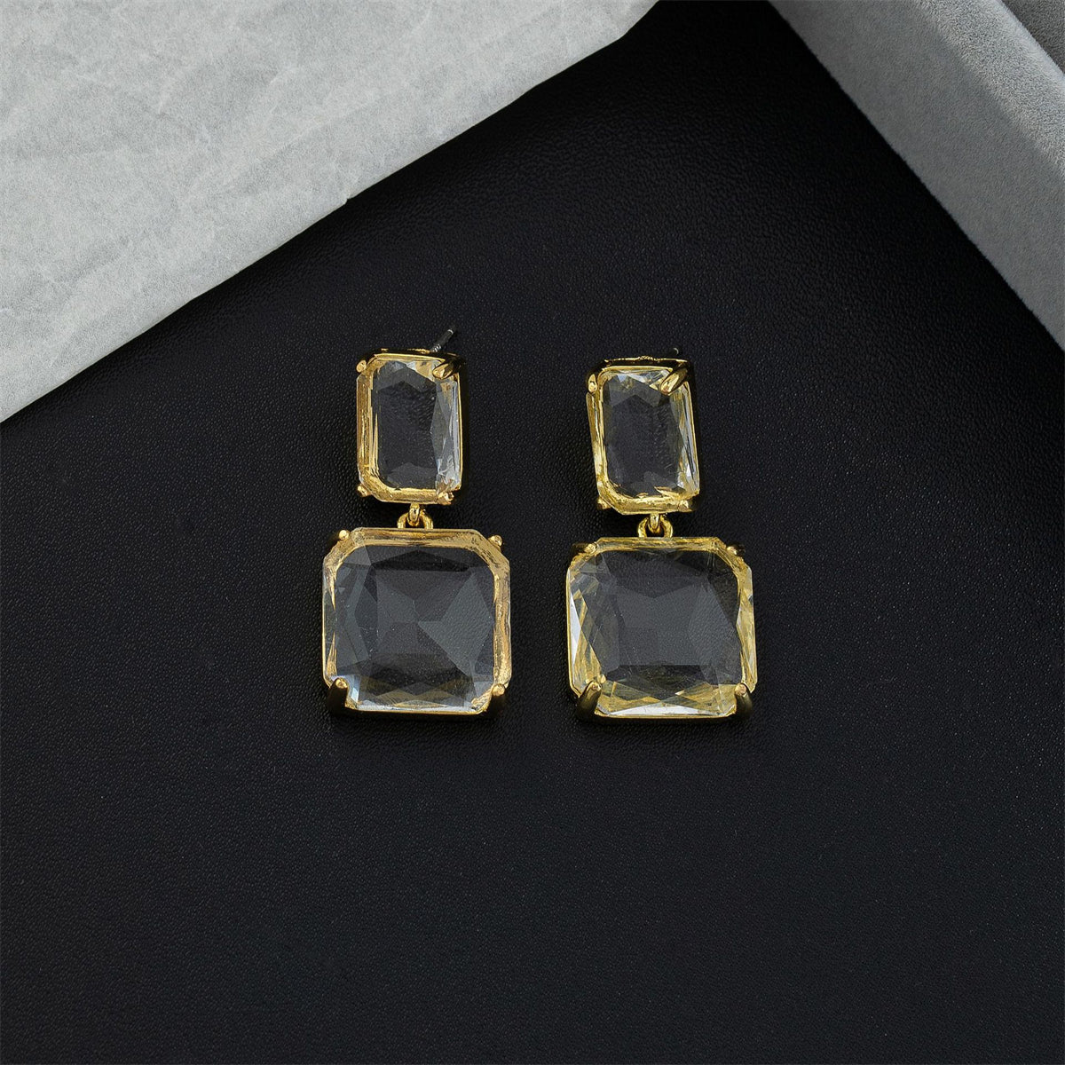 Crystal and 18K Gold-Plated Square Drop Earrings, gold drop earrings for women, botanical inspired, styled look
