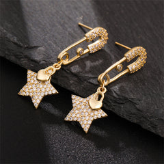 Cubic Zirconia & 18K Gold-Plated Safety Pin Star Drop Earrings