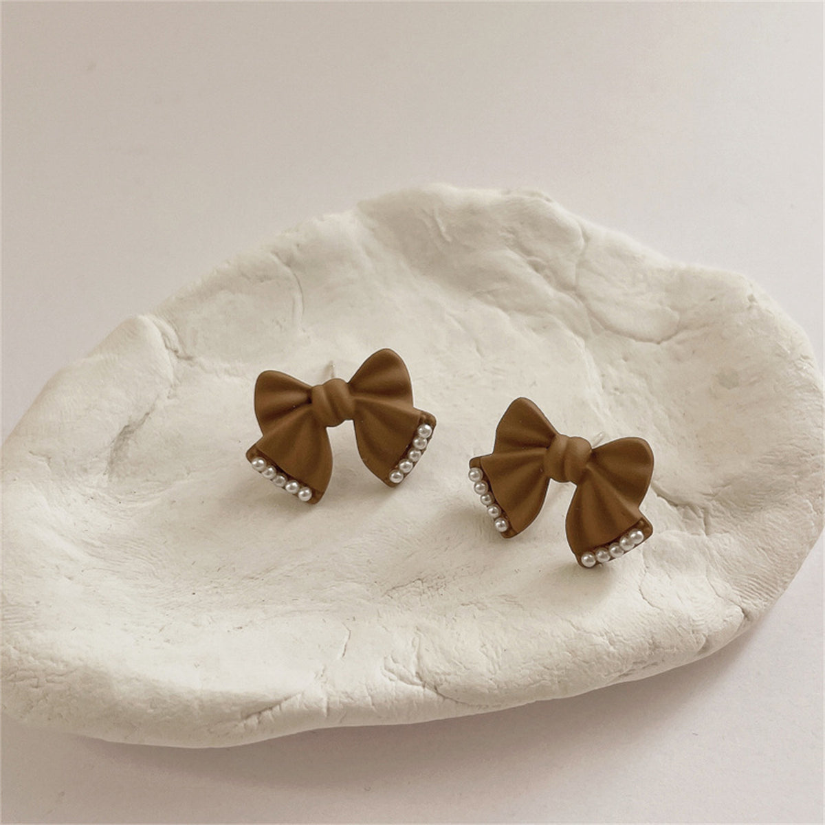 Pearl & Coffee Enamel Bow Stud Earrings