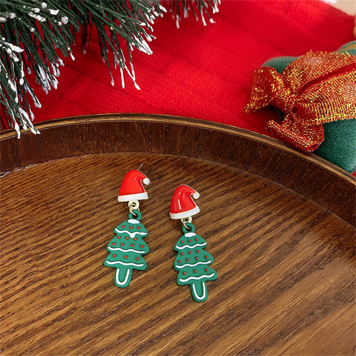 Green Enamel and Silver-Plated Hat Christmas Tree Drop Earrings, silver drop earrings for women, styled look
