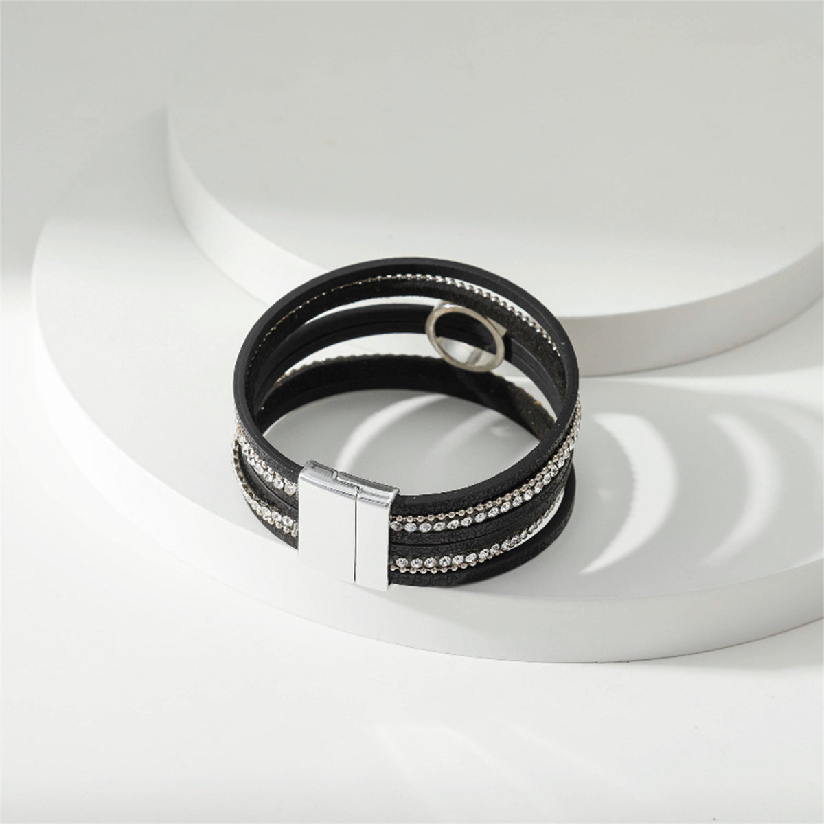 Black Polystyrene and Cubic Zirconia Silver-Plated Bead-Chain Circle-Charm Bangle, silver bracelet for women, lifestyle look