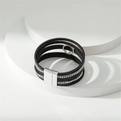 Black Polystyrene & Cubic Zirconia Silver-Plated Bead-Chain Circle-Charm Bangle