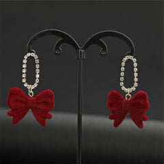 Cubic Zirconia & Wine Red Velvet 18K Gold-Plated Bow Drop Earrings