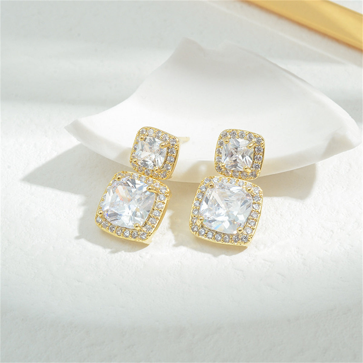 Cubic Zirconia & Crystal 18K Gold-Plated Double Cushion Drop Earrings
