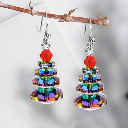 Iridescent Crystal and Red Stacked Festive Tree Drop Earrings, drop earrings for women, elegant gift for her, side view