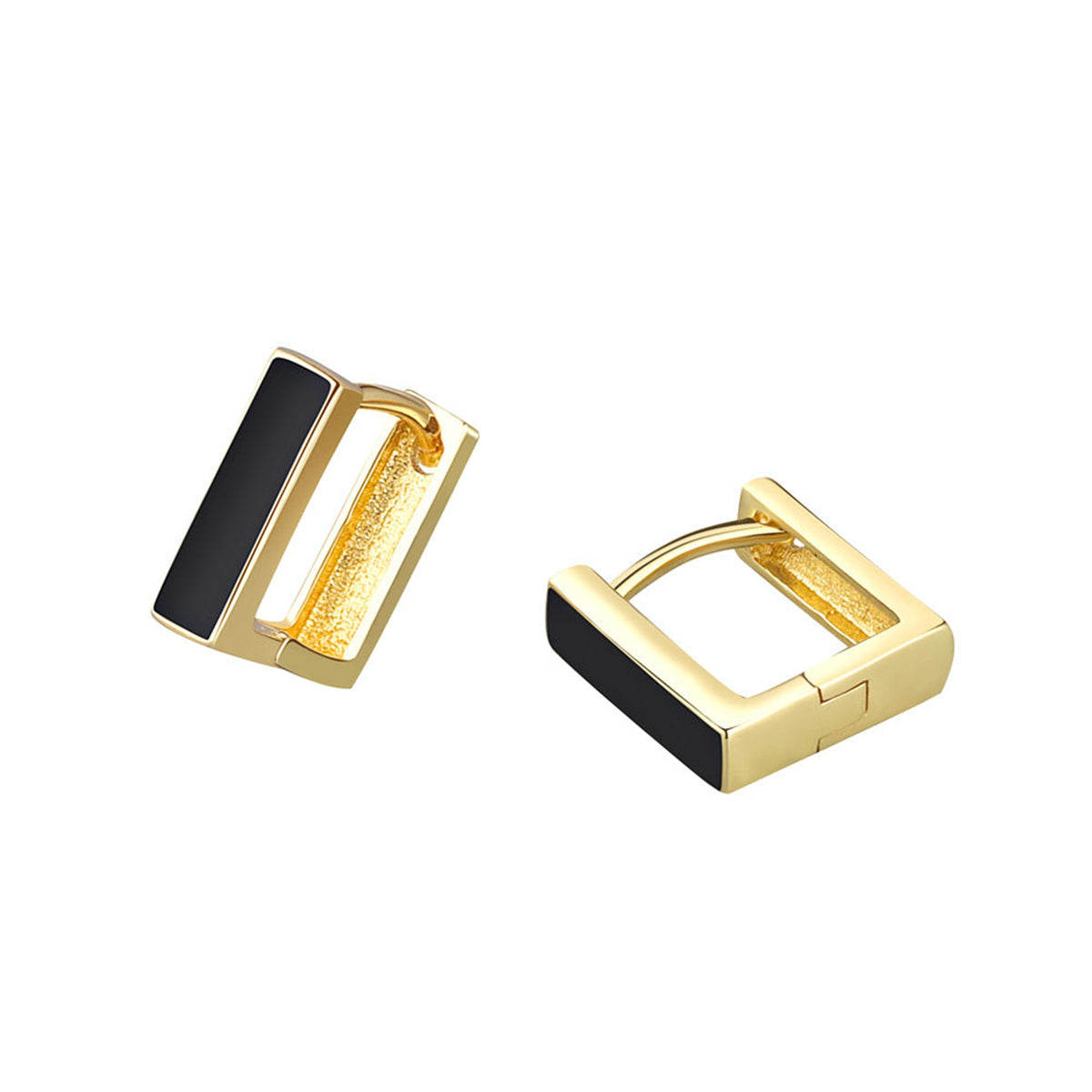 Black Enamel and 18K Gold-Plated Square Huggie Earrings, gold huggie earrings, botanical inspired, detail close-up