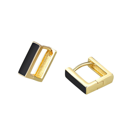 Black Enamel and 18K Gold-Plated Square Huggie Earrings, gold huggie earrings, botanical inspired, detail close-up