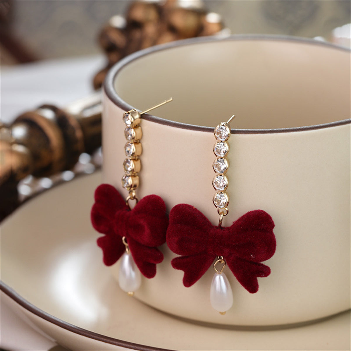 Red Nylon and Pearl 18k Gold-Plated Bow Drop Earrings, gold drop earrings for women, vintage-inspired design, side view