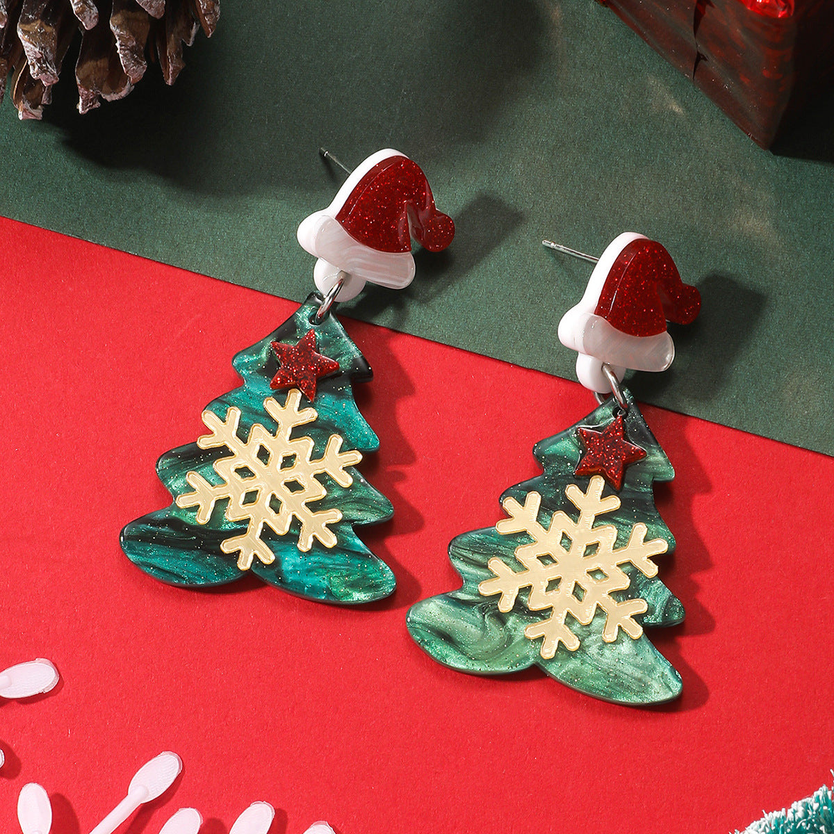Green Acrylic and Silver-Plated Snowflake Tree Drop Earrings, silver drop earrings for women, side view