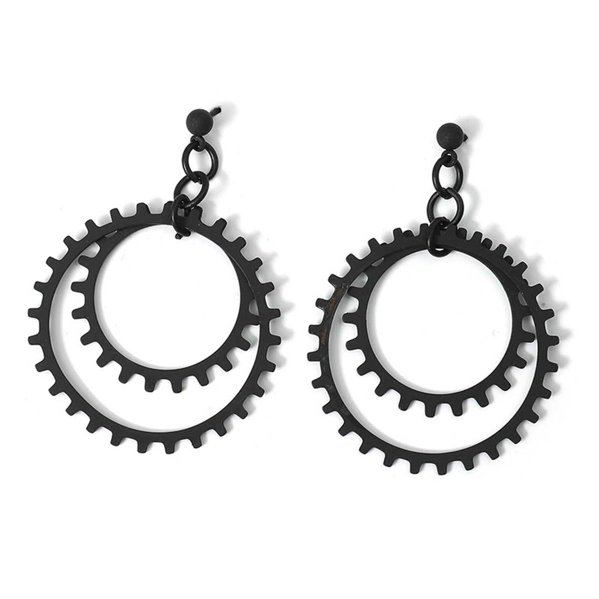 Black Gear Drop Earring, drop earrings for women, dainty minimalist design, side view