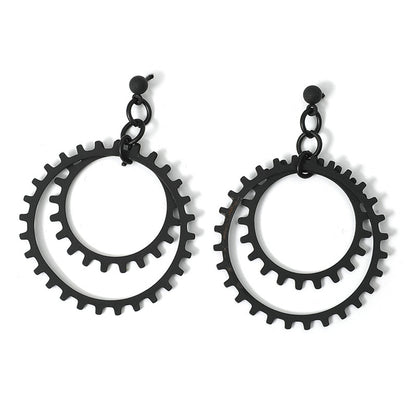 Black Gear Drop Earring, drop earrings for women, dainty minimalist design, side view