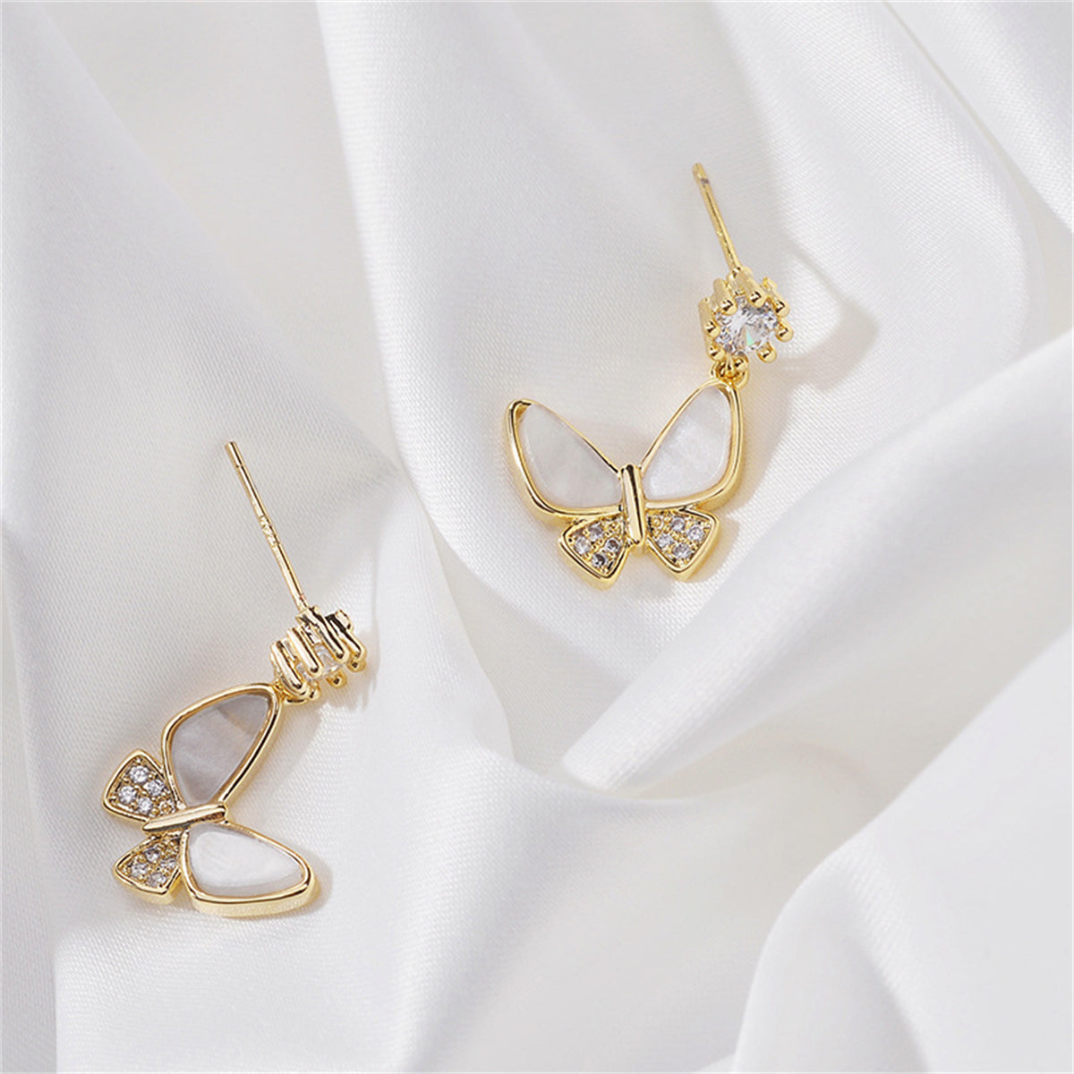 Cubic Zirconia and 18K Gold-Plated Shell-Accent Butterfly Drop Earrings, gold drop earrings for women, detail close-up