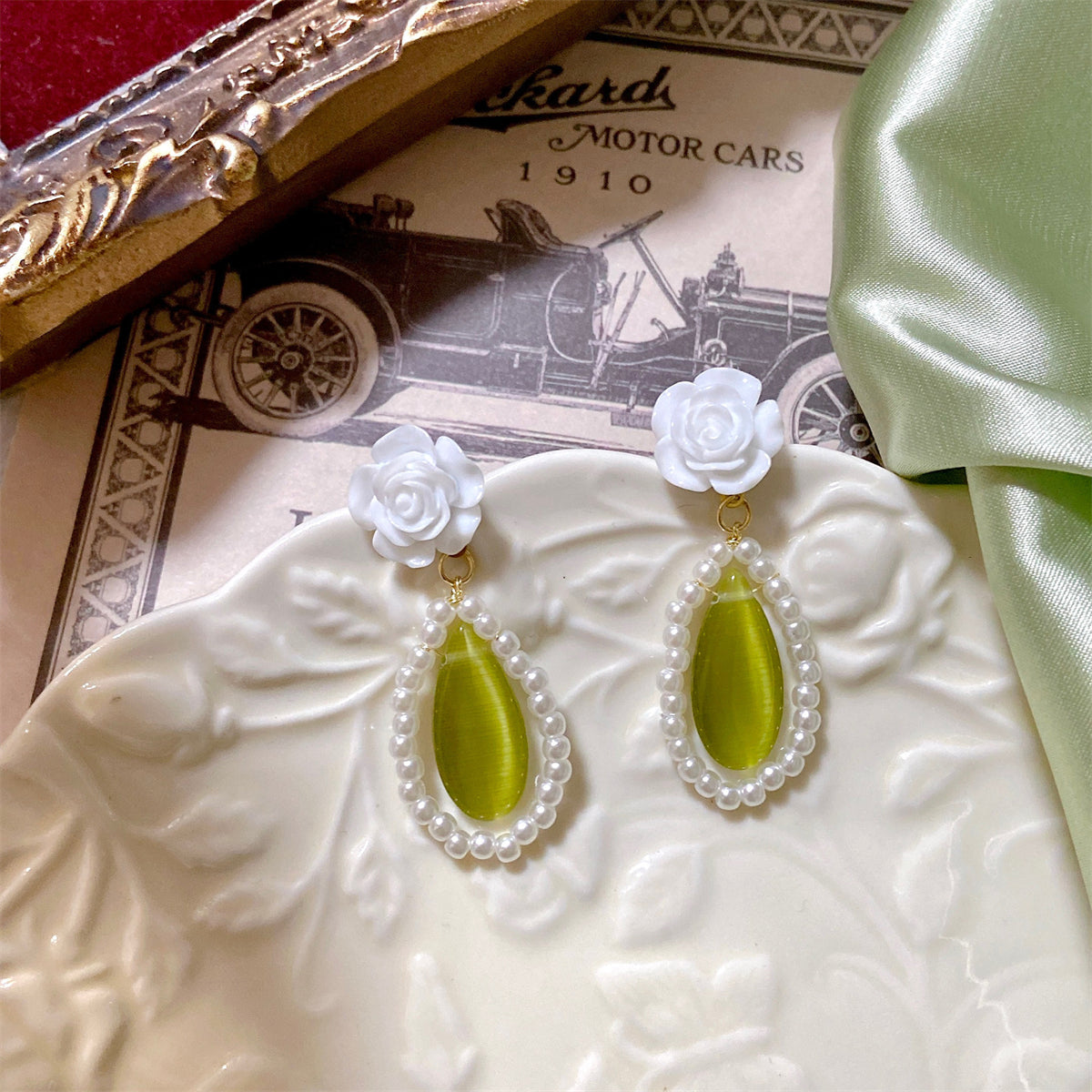 Green Cat's Eye & Pearl 18K Gold-Plated Rose Teardrop Earrings