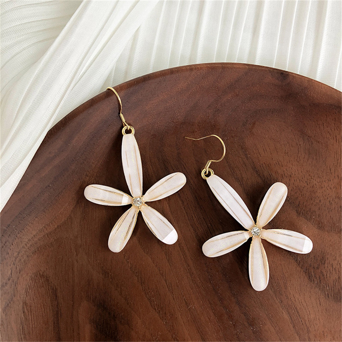 Cubic Zirconia and Acrylic 18K Gold-Plated Flower Drop Earrings, gold drop earrings for women, everyday style, front view