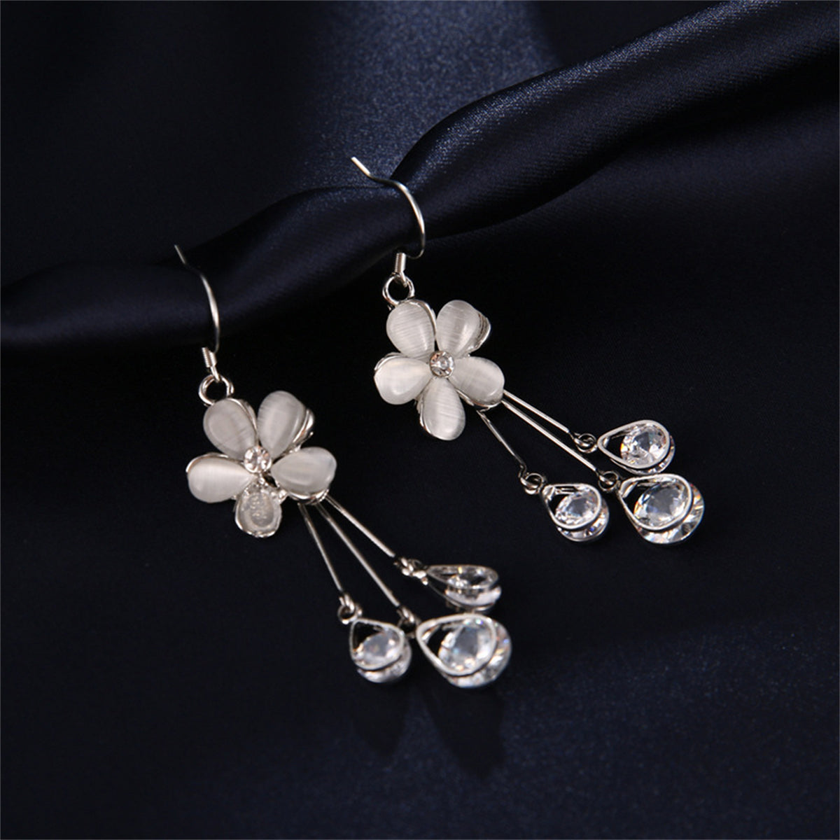 Cateye & Cubic Zirconia Silver-Plated Floral Teardrop Tassel Drop Earrings