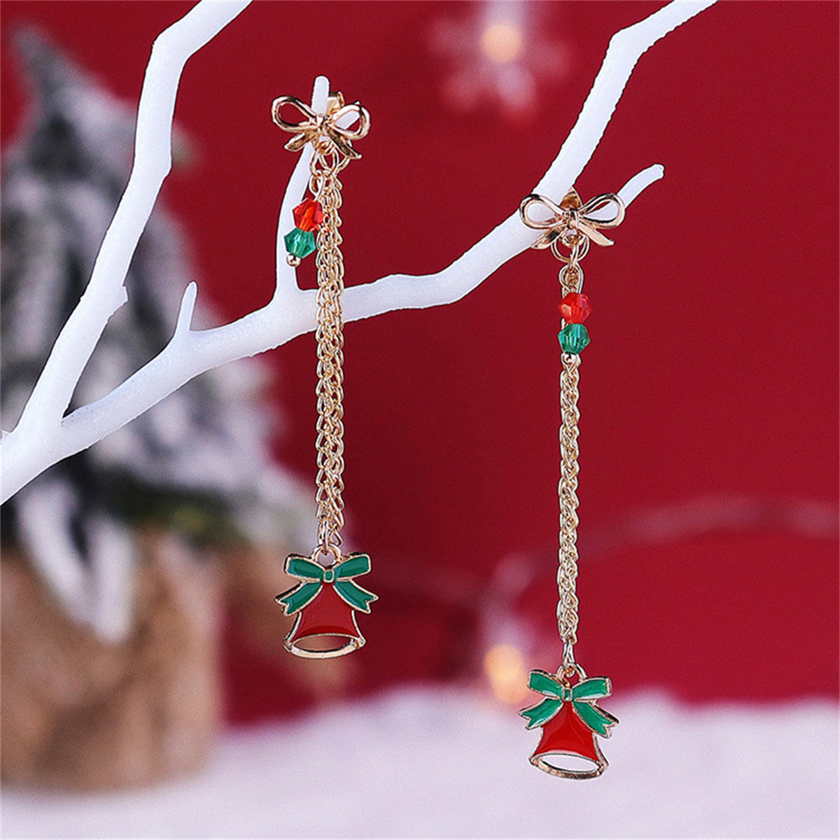 Red Enamel and Acrylic 18K Gold-Plated Bow Bell Chain Ear Jackets, gold drop earrings for women, side view