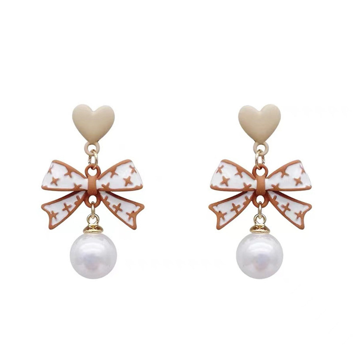White Enamel and Pearl 18K Gold-Plated Heart Bow Drop Earrings, gold drop earrings for women, side view