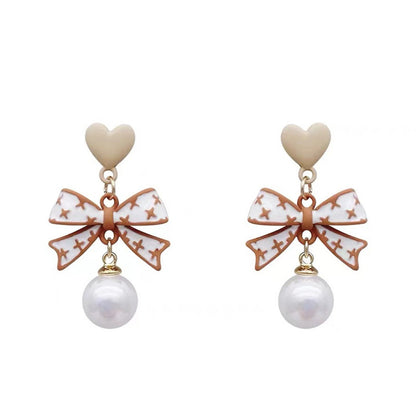 White Enamel and Pearl 18K Gold-Plated Heart Bow Drop Earrings, gold drop earrings for women, side view