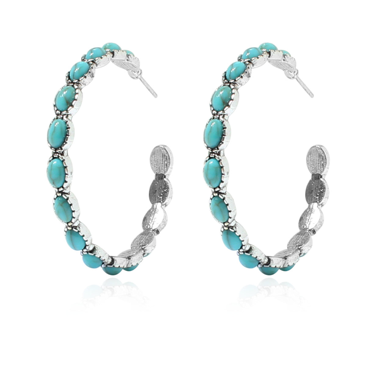 Blue Turquoise and Silver-Plated Oval-Cut Hoop Earrings, vintage-inspired design, lifestyle look